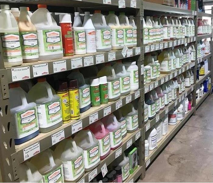 chemicals on the wall that are used for Servpro cleaning fire water or biohazard, Pet Friendly
