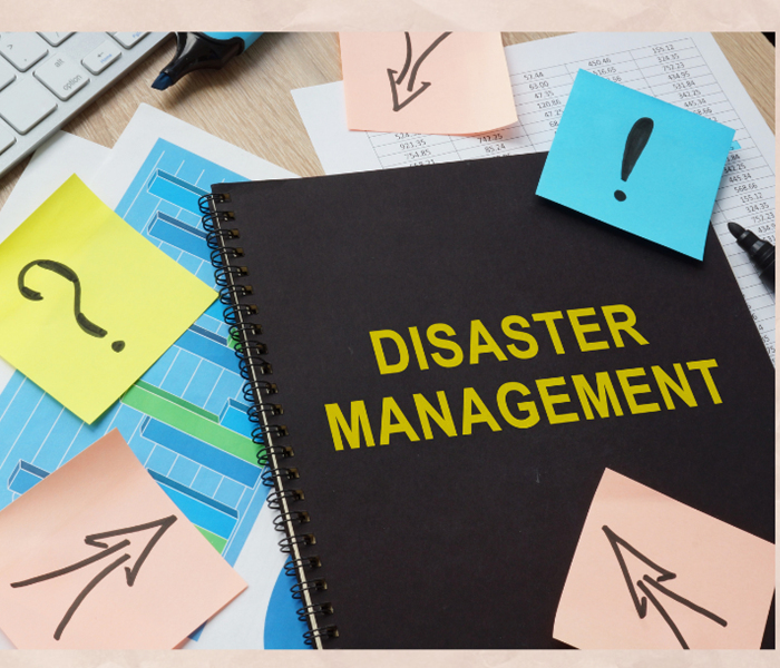 disaster management book with lots of sticky notes
